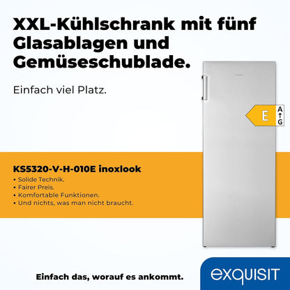 2026 Exquisit Kühlschrank ohne Gefrierfach, Großer Kühlschrank, 5 Ablagen, 242 Liter, Vollraumkühlschrank 143 cm hoch, KS5320-V-H-040E weiss