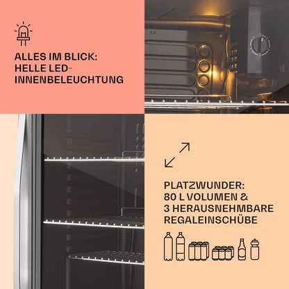 2026 Klarstein Mini Kühlschrank mit Glastür für Zimmer, Getrnkekühlschrank mit Verstellbaren Ablagen, Kleiner 80 Liter, Indoor/Outdoor Kühlschrank Leise