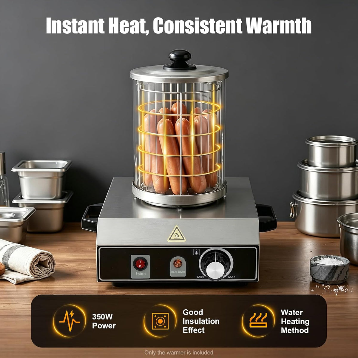 2026 Bockwurstwärmer 350W Elektrischer Würstchenwärmer Edelstahl Hot Dog Maker Wurstwärmer Einstellbarer Temperatur 30-85 °C für gewerblichen und Zuhause