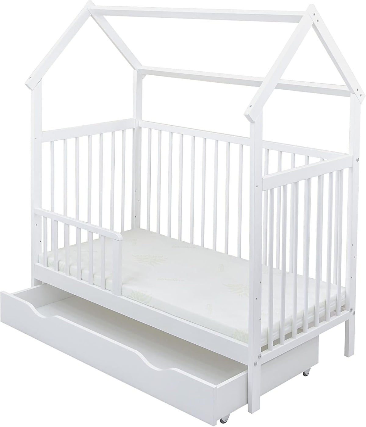 2026 Baby Delux Babybett Komplett Set Hausbett 60x120 cm weiß Schublade Rausfallschutz Kinderbett Matratze Bettwäsche Deko Set (Prince Stars)