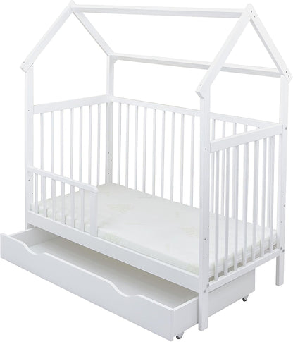 2026 Baby Delux Babybett Komplett Set Hausbett 60x120 cm weiß Schublade Rausfallschutz Kinderbett Matratze Bettwäsche Deko Set (Prince Stars)