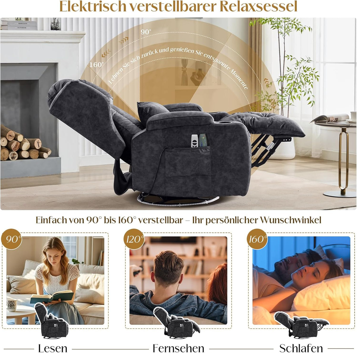 2026 Elektrischer Fernsehsessel Relaxsessel mit Liegefunktion,240°Drehsessel Kinosessel Massagesessel mit Wärmefunktion,TV Sessel Liegesessel fürs Wohnzimmer bis 150kg (Samtstoff, Grau)