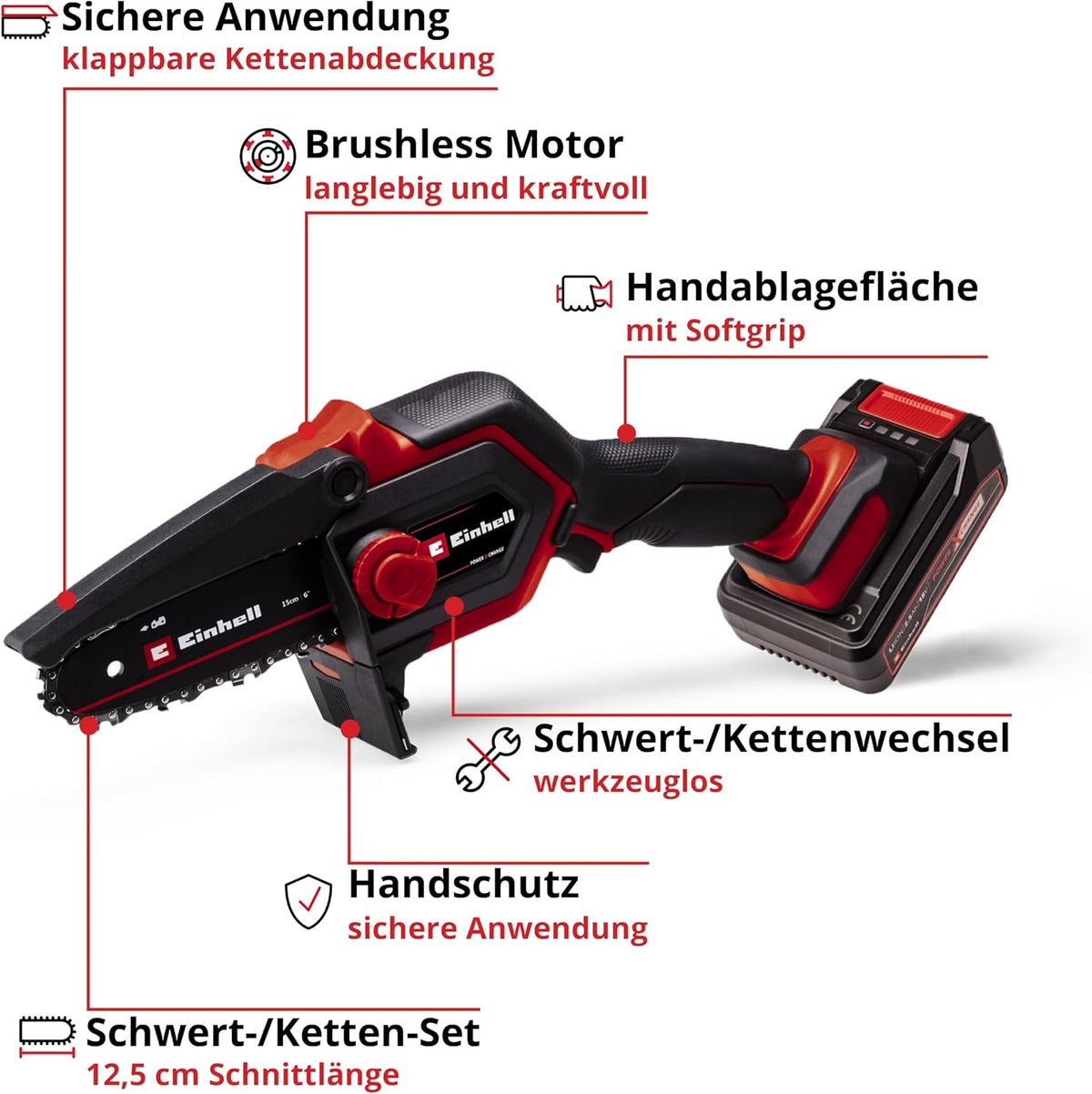 2026 Einhell Akku-Astkettensäge GE-PS 18/15 Li BL Kit Power X-Change (18 V, Brushless, 12,5 cm Schnittlänge, werkzeugloser Schwert-/Kettenwechsel, inkl. 2,5 Ah Akku, Ladegerät, E-Case S-F)