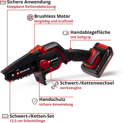 2026 Einhell Akku-Astkettensäge GE-PS 18/15 Li BL Kit Power X-Change (18 V, Brushless, 12,5 cm Schnittlänge, werkzeugloser Schwert-/Kettenwechsel, inkl. 2,5 Ah Akku, Ladegerät, E-Case S-F)