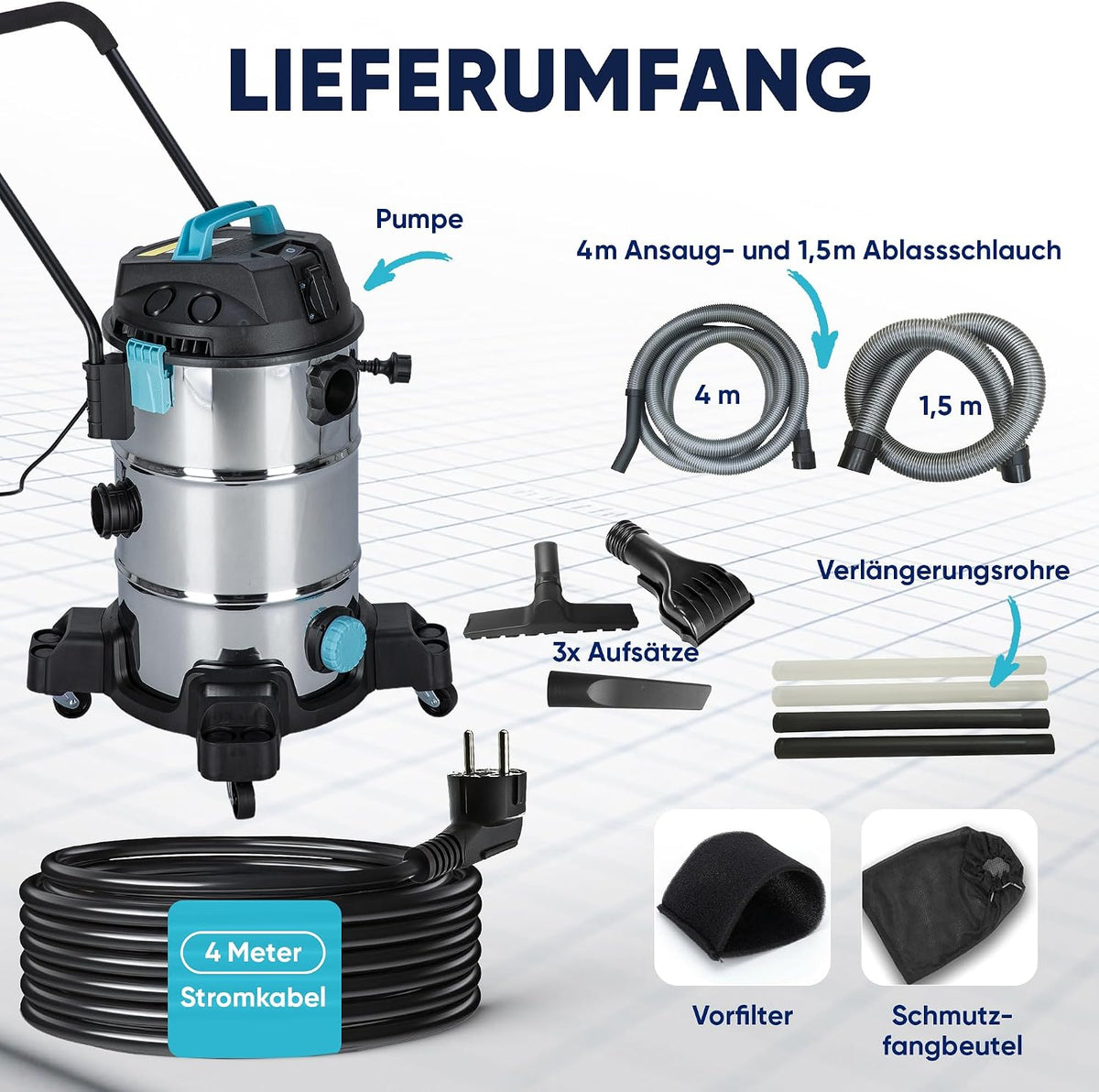 2026 TEICHER Teichsauger Schlammsauger Groß [Neues Modell] – 1200 Watt Pumpsauger 35 Liter | Teichschlammsauger mit Wasserrückführung | Algensauger Mulmsauger Wassersauger mit Pumpe