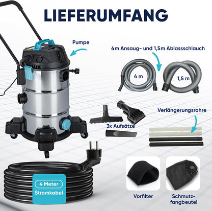 2026 TEICHER Teichsauger Schlammsauger Groß [Neues Modell] – 1200 Watt Pumpsauger 35 Liter | Teichschlammsauger mit Wasserrückführung | Algensauger Mulmsauger Wassersauger mit Pumpe