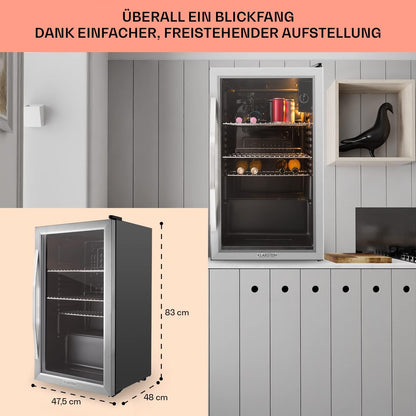 2026 Klarstein Mini Kühlschrank mit Glastür für Zimmer, Getrnkekühlschrank mit Verstellbaren Ablagen, Kleiner 80 Liter, Indoor/Outdoor Kühlschrank Leise