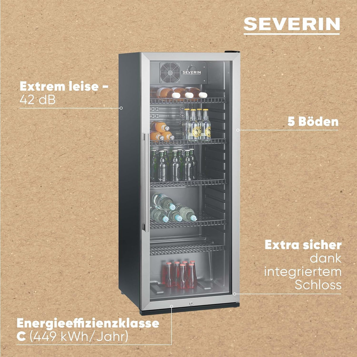 2026 SEVERIN Flaschenkühlschrank, mit integriertem Schloss und integrierter LED-Beleuchtung, 118 L Nutzinhalt, schwarz/silber, FSK 8840