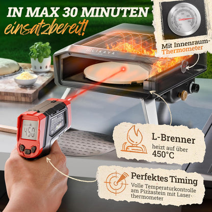 2026 LIKAYA NeroSpin Pizzaofen Gas – 6,2kW Outdoor Gas Pizzaofen 450°C - Gas Pizza Ofen Outdoor mit Pizzastein Drehteller, Pizzaschaufel, Tasche & Laser Thermometer – knusprige Pizza in nur 90 Sekunden!