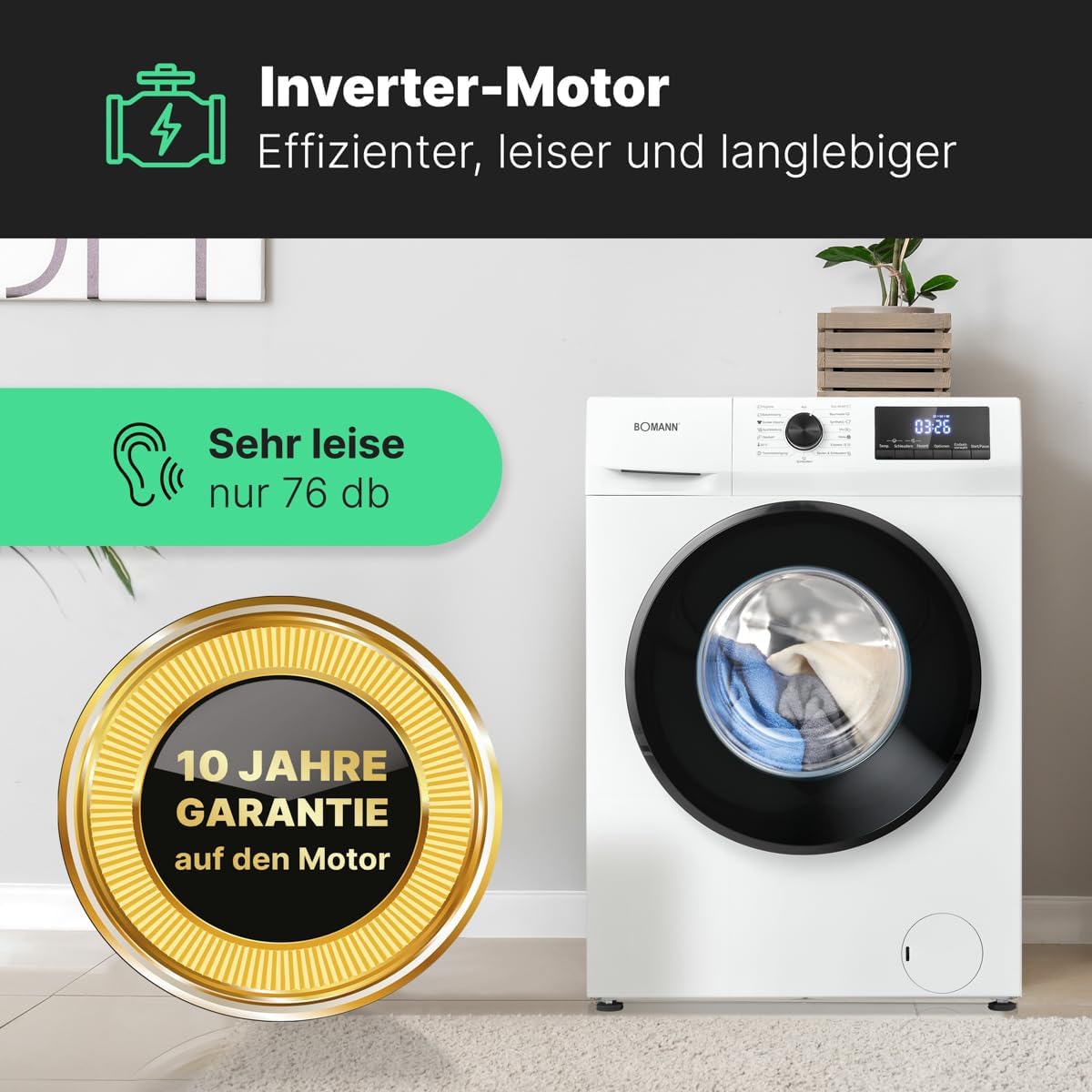 2026 Bomann Waschmaschine 7kg | max. 1400 U/min | 10 Jahre Motor-Garantie | effizienter, leiser & langlebiger Invertermotor | 15 Programme | Endzeitvorwahl | LED-Display | Washing Machine | WA 7175 wei