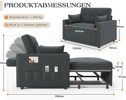 2026 3 in 1 Schlafsofa 186 x 122 cm, Grau, verstellbare Rückenlehne, 12 cm Komfortpolster, Massivholz Metallrahmen
