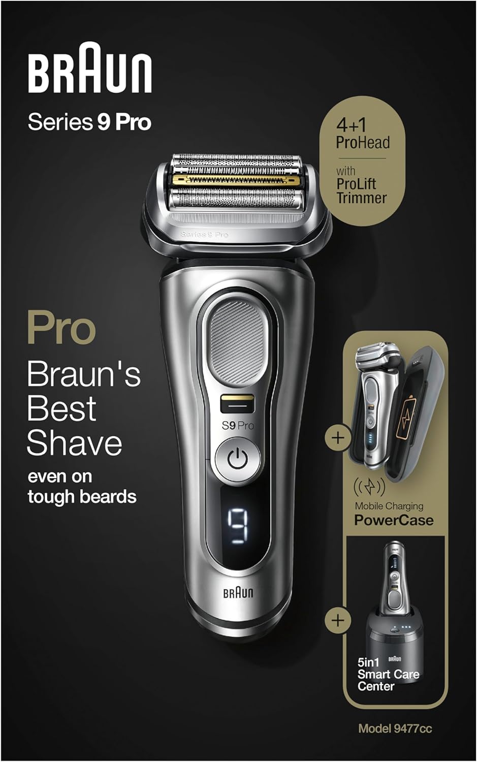 2026 Braun Series 9 Pro Premium Rasierer Herren mit 4+1 Scherkopf, Elektrorasierer & ProLift Trimmer, PowerCase, 5-in-1 Reinigungsstation, 60 Min Laufzeit, Made in Germany, 9477cc, silber
