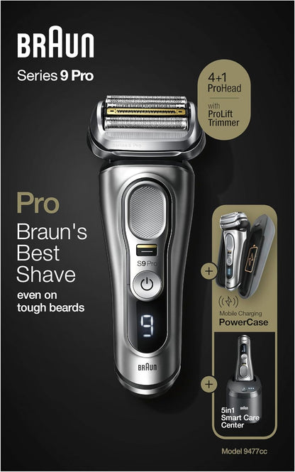 2026 Braun Series 9 Pro Premium Rasierer Herren mit 4+1 Scherkopf, Elektrorasierer & ProLift Trimmer, PowerCase, 5-in-1 Reinigungsstation, 60 Min Laufzeit, Made in Germany, 9477cc, silber