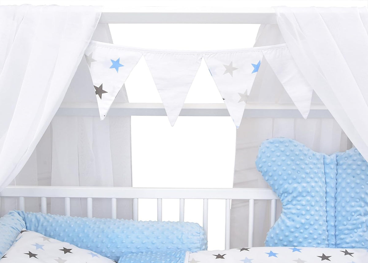 2026 Baby Delux Babybett Komplett Set Hausbett 60x120 cm weiß Schublade Rausfallschutz Kinderbett Matratze Bettwäsche Deko Set (Prince Stars)