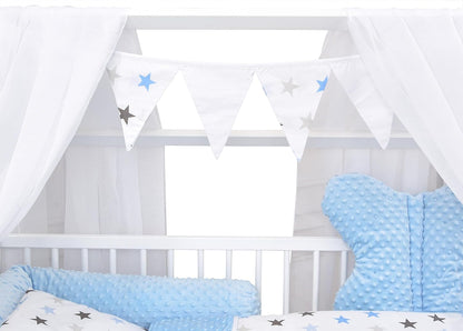 2026 Baby Delux Babybett Komplett Set Hausbett 60x120 cm weiß Schublade Rausfallschutz Kinderbett Matratze Bettwäsche Deko Set (Prince Stars)