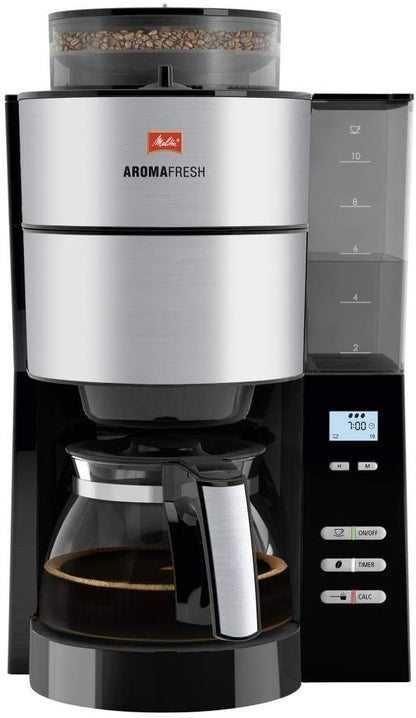2026 Melitta AromaFresh - Filterkaffeemaschine - mit Glaskanne - integriertes Mahlwerk - Timer Funktion - 10 Tassen - Pure Black