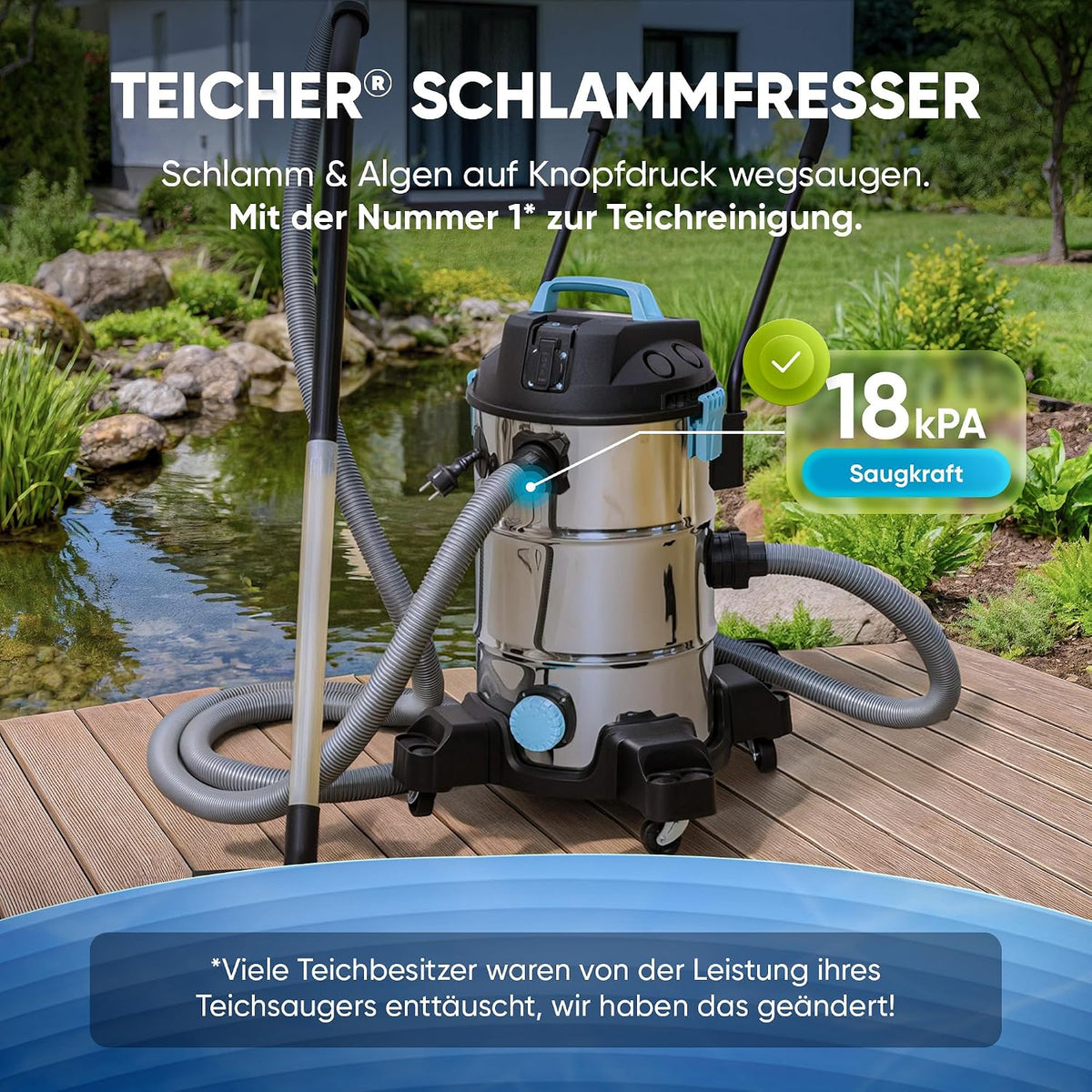 2026 TEICHER Teichsauger Schlammsauger Groß [Neues Modell] – 1200 Watt Pumpsauger 35 Liter | Teichschlammsauger mit Wasserrückführung | Algensauger Mulmsauger Wassersauger mit Pumpe