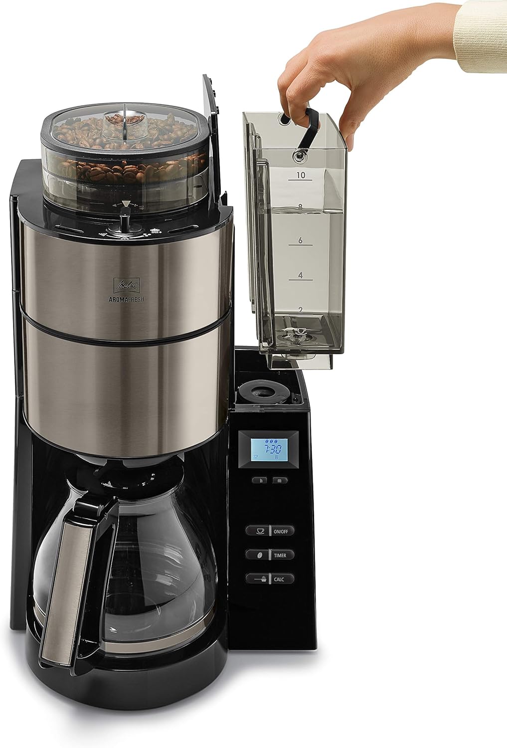 2026 Melitta AromaFresh - Filterkaffeemaschine - mit Glaskanne - integriertes Mahlwerk - Timer Funktion - 10 Tassen - Pure Black