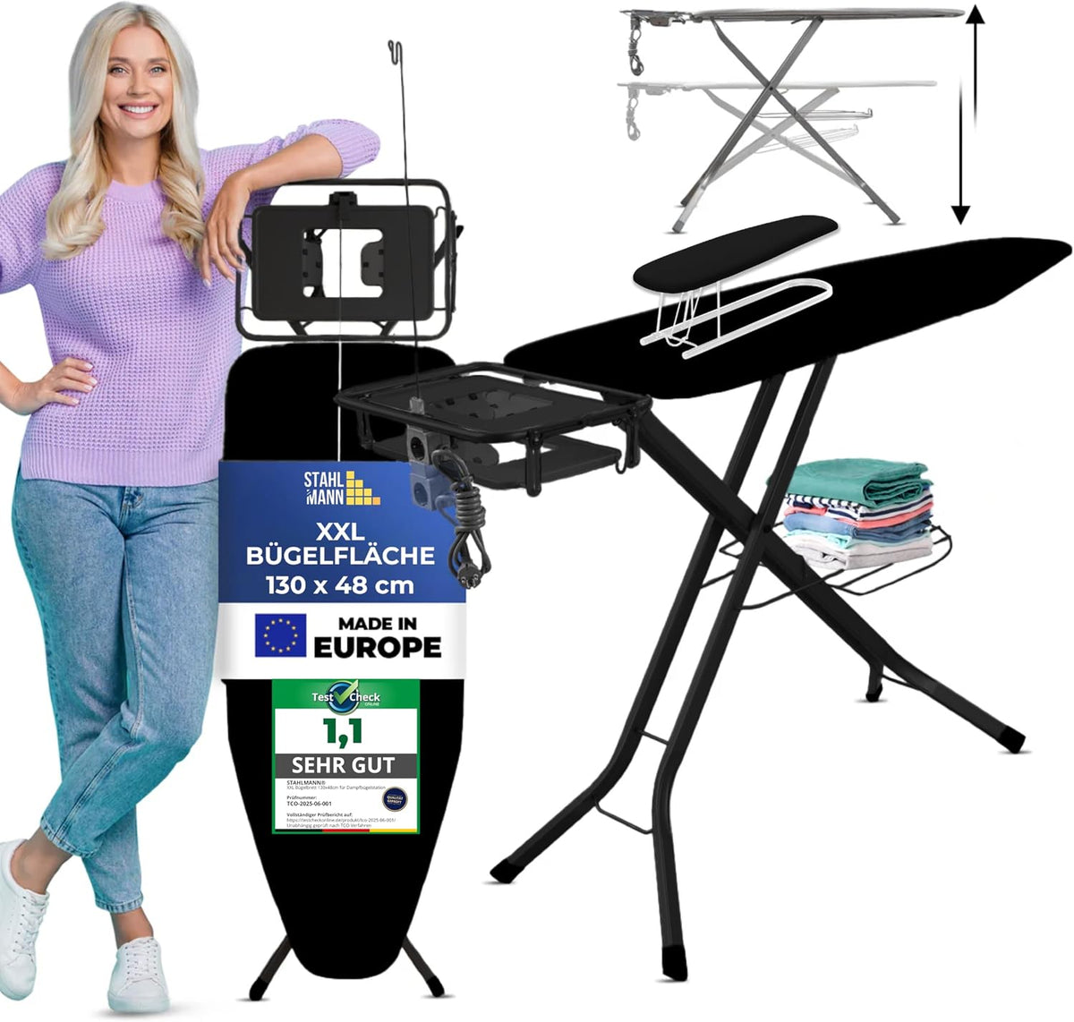 2026 STAHLMANN® Bügelbrett für Dampfbügelstation [130 × 48 cm] mit Ärmelbrett | schwarz | Made in Europe | inklusive Ärmelbrett | 100 % Baumwolle Turbobezug | extra stabil | höhenverstellbar