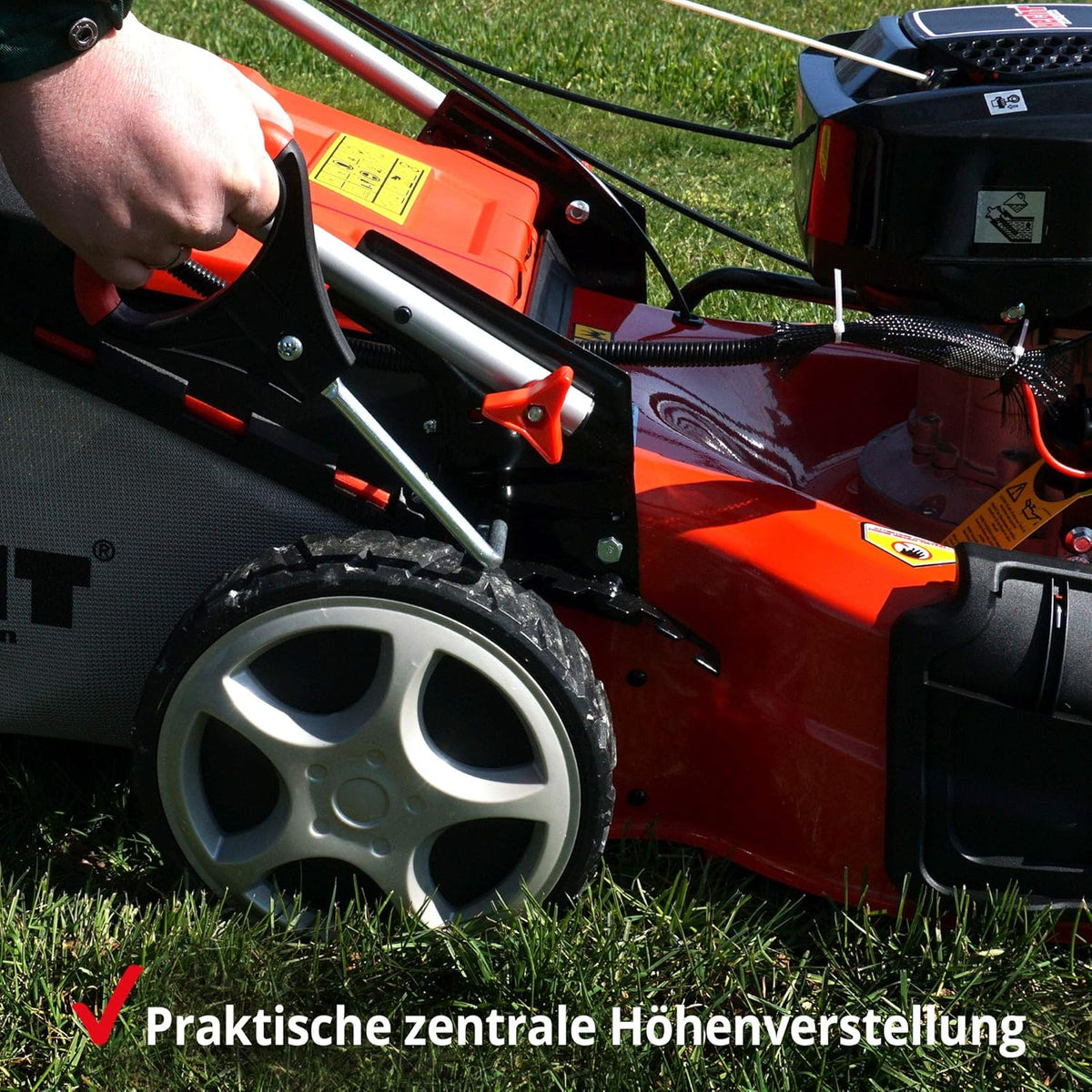 2026 HECHT 5-IN-1 Benzin Rasenmäher – leistungsstarker 4 Takt Eco Motor 4,4 kW (6,0 PS) – Elektrostart – 53 cm Schnittbreite – 75 l Fangkorb – Radantrieb – patentierte Räder – Mulchmäher