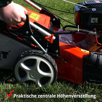 2026 HECHT 5-IN-1 Benzin Rasenmäher – leistungsstarker 4 Takt Eco Motor 4,4 kW (6,0 PS) – Elektrostart – 53 cm Schnittbreite – 75 l Fangkorb – Radantrieb – patentierte Räder – Mulchmäher