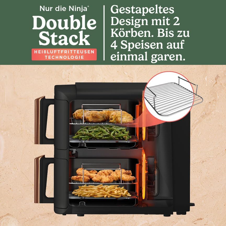 2026 Ninja Double Stack XL Heißluftfritteuse, 2 vertikale Schubladen, 4 Kochstufen, 2 Einschübe, platzsparendes Design, 9,5 L Fassungsvermögen, 6 Funktionen, 8 Portionen, Zange, Schwarz/Kupfer SL400EUCP