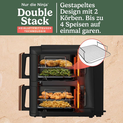 2026 Ninja Double Stack XL Heißluftfritteuse, 2 vertikale Schubladen, 4 Kochstufen, 2 Einschübe, platzsparendes Design, 9,5 L Fassungsvermögen, 6 Funktionen, 8 Portionen, Zange, Schwarz/Kupfer SL400EUCP