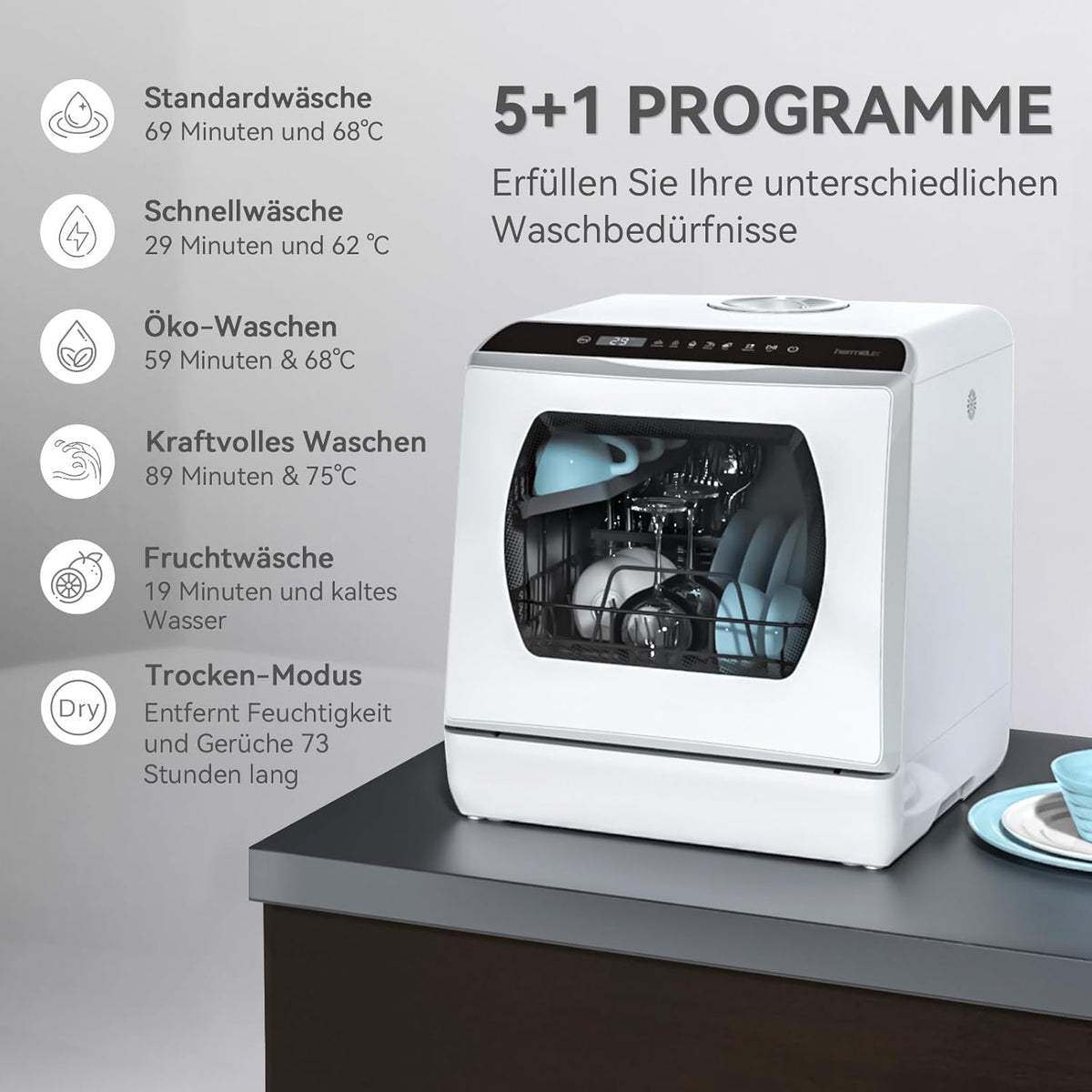 2026 Hermitlux Mini Geschirrspüler, Spülmaschine für 4 Bestecksätze, 5 Liter Wassertank, 6 Programme Mini Tischgeschirrspüler, Perfekt für Wohnungen, Schlafsäle, Camping, Weiß