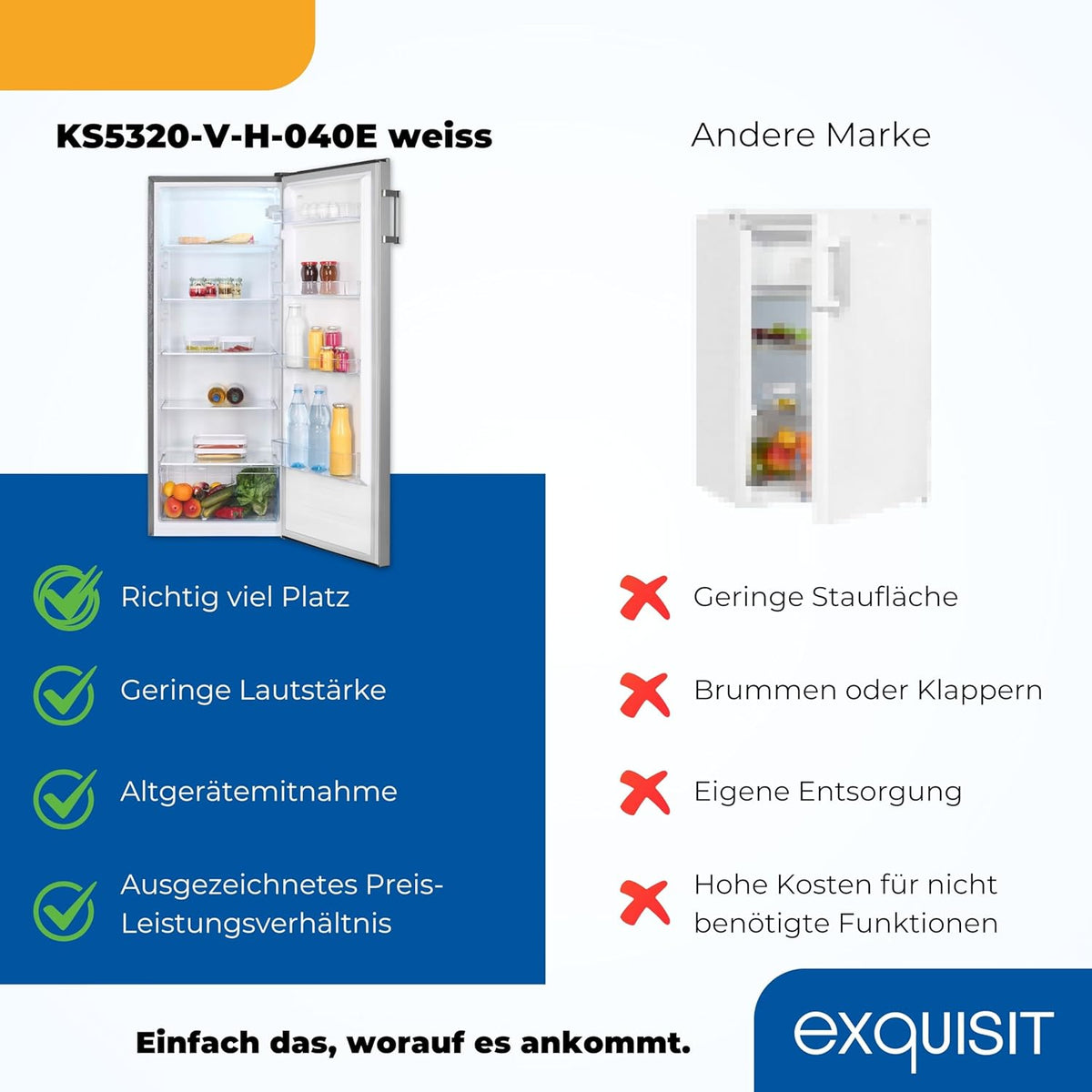 2026 Exquisit Kühlschrank ohne Gefrierfach, Großer Kühlschrank, 5 Ablagen, 242 Liter, Vollraumkühlschrank 143 cm hoch, KS5320-V-H-040E weiss