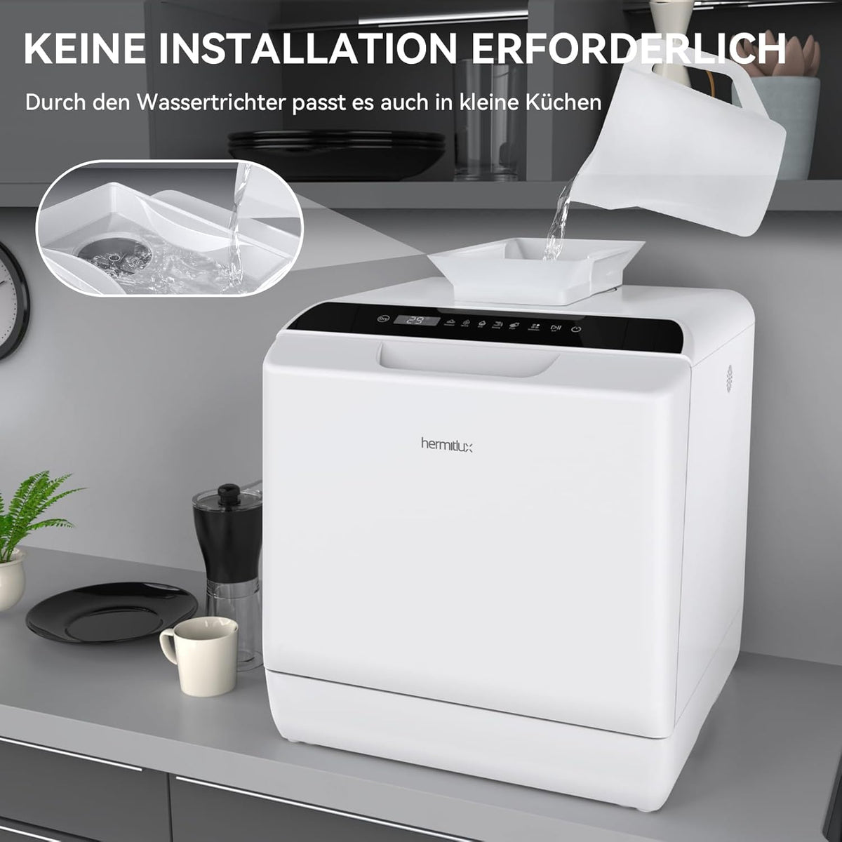 2026 Hermitlux Mini Geschirrspüler, Spülmaschine für 4 Bestecksätze, 5 Liter Wassertank, 6 Programme Mini Tischgeschirrspüler, Perfekt für Wohnungen, Schlafsäle, Camping, Weiß