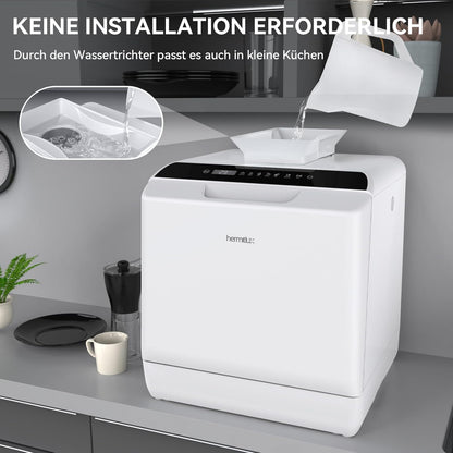 2026 Hermitlux Mini Geschirrspüler, Spülmaschine für 4 Bestecksätze, 5 Liter Wassertank, 6 Programme Mini Tischgeschirrspüler, Perfekt für Wohnungen, Schlafsäle, Camping, Weiß