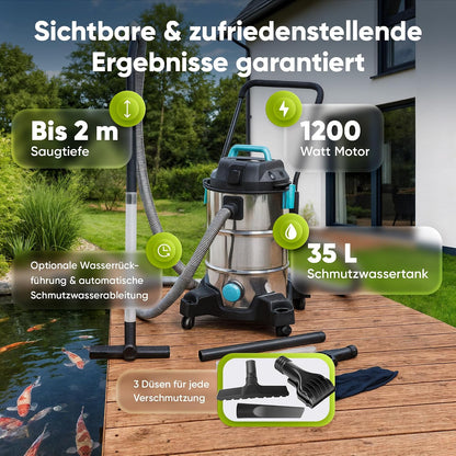 2026 TEICHER Teichsauger Schlammsauger Groß [Neues Modell] – 1200 Watt Pumpsauger 35 Liter | Teichschlammsauger mit Wasserrückführung | Algensauger Mulmsauger Wassersauger mit Pumpe