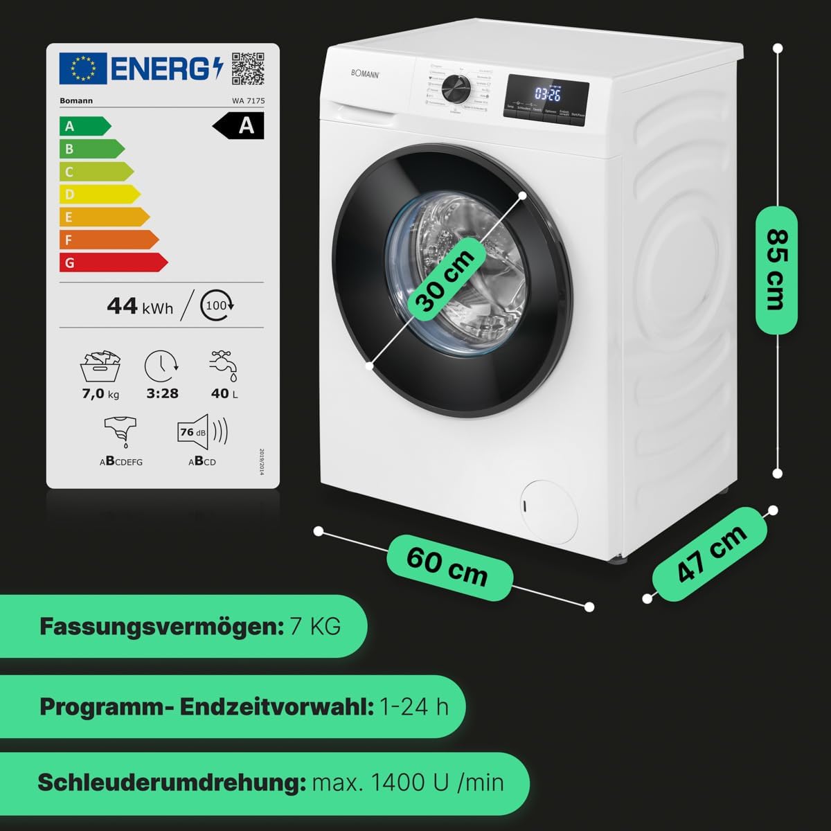 2026 Bomann Waschmaschine 7kg | max. 1400 U/min | 10 Jahre Motor-Garantie | effizienter, leiser & langlebiger Invertermotor | 15 Programme | Endzeitvorwahl | LED-Display | Washing Machine | WA 7175 wei