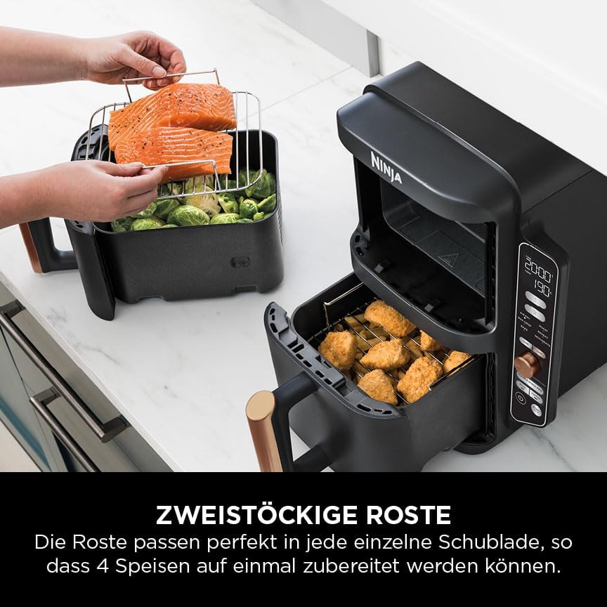 2026 Ninja Double Stack XL Heißluftfritteuse, 2 vertikale Schubladen, 4 Kochstufen, 2 Einschübe, platzsparendes Design, 9,5 L Fassungsvermögen, 6 Funktionen, 8 Portionen, Zange, Schwarz/Kupfer SL400EUCP
