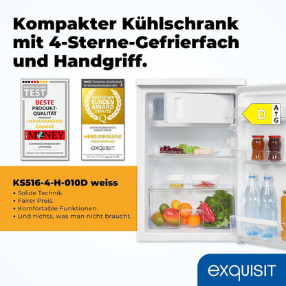 2026 Exquisit Kühlschrank mit Gefrierfach, 120 Liter, 4-Sterne-Gefrierfach, Kühlschrank freistehend, KS516-4-H-010D weiss