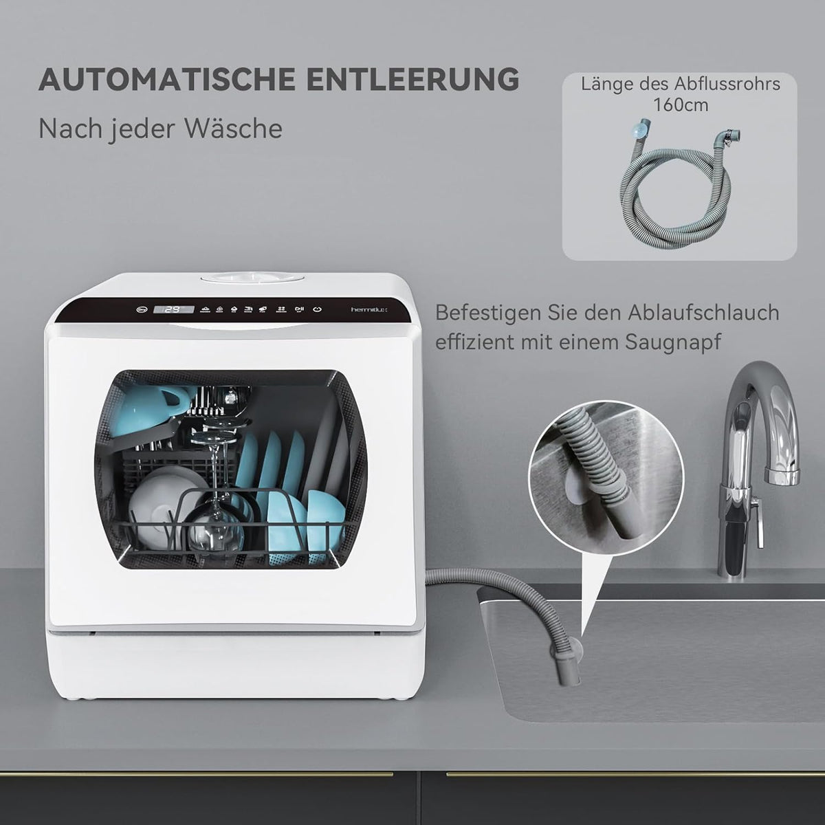 2026 Hermitlux Mini Geschirrspüler, Spülmaschine für 4 Bestecksätze, 5 Liter Wassertank, 6 Programme Mini Tischgeschirrspüler, Perfekt für Wohnungen, Schlafsäle, Camping, Weiß