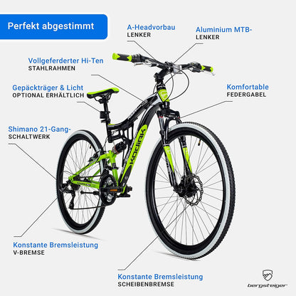 2026 Bergsteiger Kodiak 26 Zoll, 29 Zoll Mountainbike, Scheibenbremse, Shimano 21 Gang-Schaltung, Vollfederung, Fully MTB für Jungen, Mädchen, Damen & Herren