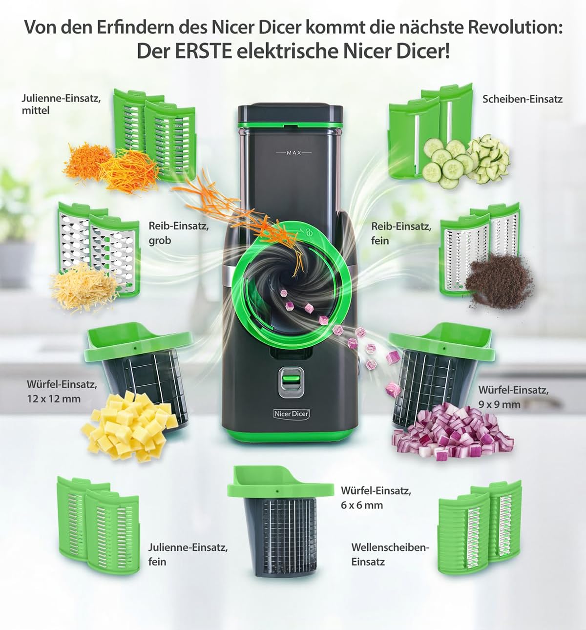 2026 Nicer Dicer Electro Gemüsehobel elektrisch Deluxe Set 32 tlg, Gemüseschneider automatisch, Käsereibe für Gemüse, Obst, Nüsse, 9 Extrascharfe Einsätze, Einfache Reinigung, Leistungsstark