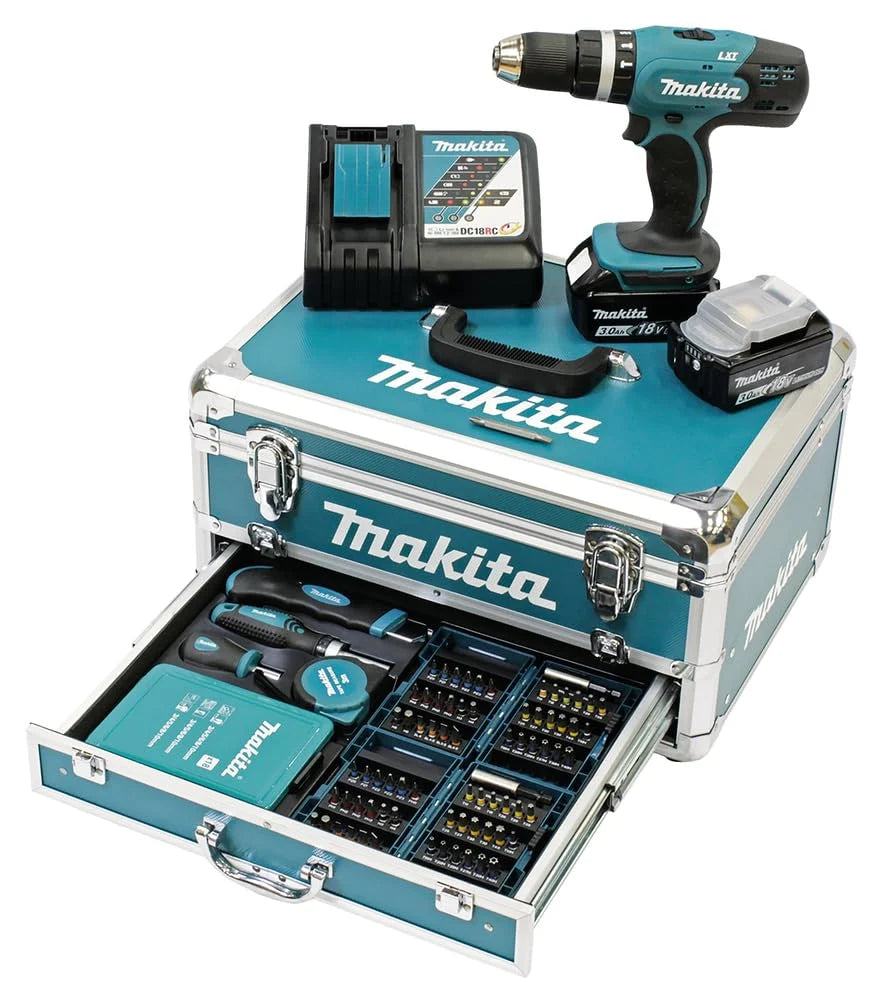 2026 DHP453RFX2 Akku Schlagbohrschrauber 18 V 3000 mAh im Alukoffer mit 96teiligem Zubehörset Blau Silber