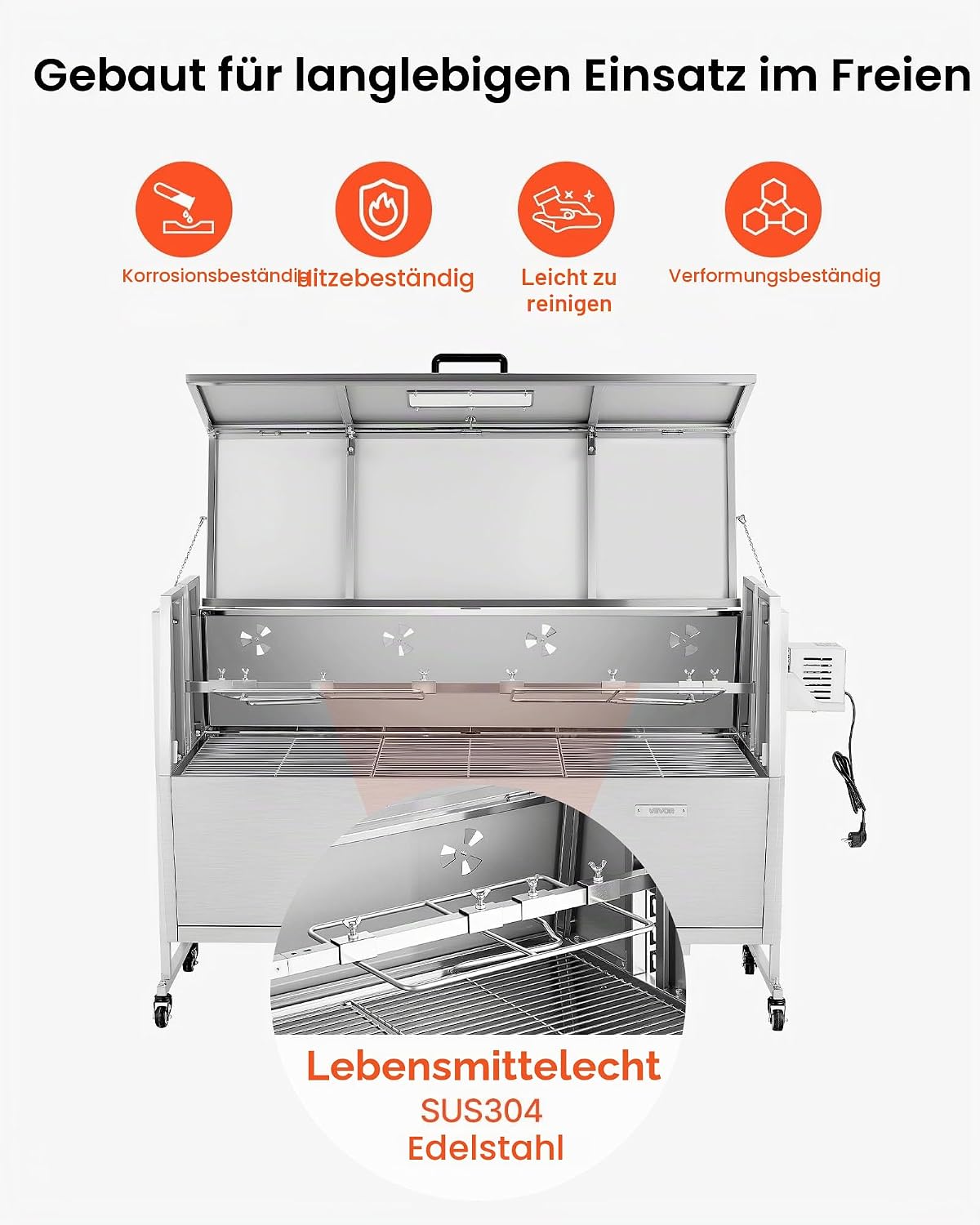 2026 VEVOR Drehspießgrill 38 W Spanferkelgrill Lammgrill Holzkohlegrill (132 cm Grilllänge) mit 60 kg Tragkraft & Rädern & 4-facher Höhenverstellung & Deckel, Edelstahl-Elektrogrill-Set für Camping