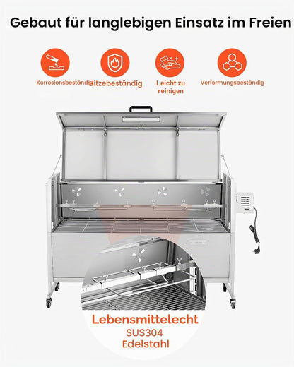 2026 VEVOR Drehspießgrill 38 W Spanferkelgrill Lammgrill Holzkohlegrill (132 cm Grilllänge) mit 60 kg Tragkraft & Rädern & 4-facher Höhenverstellung & Deckel, Edelstahl-Elektrogrill-Set für Camping