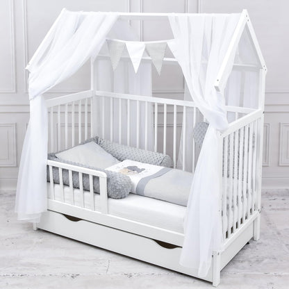 2026 Baby Delux Babybett Komplett Set Hausbett 60x120 cm weiß Schublade Rausfallschutz Kinderbett Matratze Bettwäsche Deko Set (Prince Stars)