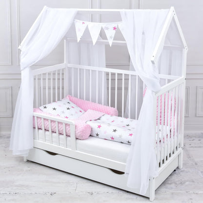 2026 Baby Delux Babybett Komplett Set Hausbett 60x120 cm weiß Schublade Rausfallschutz Kinderbett Matratze Bettwäsche Deko Set (Prince Stars)