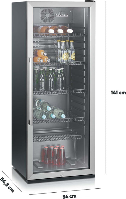 2026 SEVERIN Flaschenkühlschrank, mit integriertem Schloss und integrierter LED-Beleuchtung, 118 L Nutzinhalt, schwarz/silber, FSK 8840