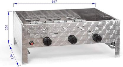 2026 Gasgrill-Kombibräter 11kW 3-flammiger Edelstahl-Brenner fahrbar mit Grillrost und Stahlpfanne Gastrobräter Profigrill Verein