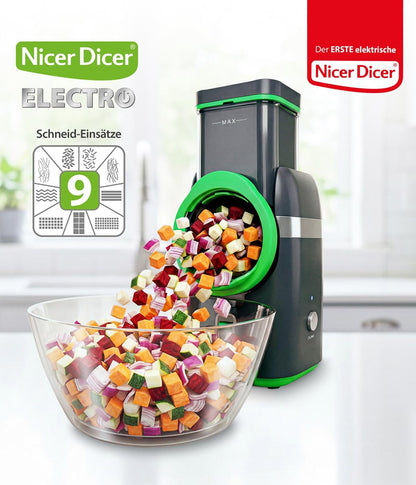 2026 Nicer Dicer Electro Gemüsehobel elektrisch Deluxe Set 32 tlg, Gemüseschneider automatisch, Käsereibe für Gemüse, Obst, Nüsse, 9 Extrascharfe Einsätze, Einfache Reinigung, Leistungsstark