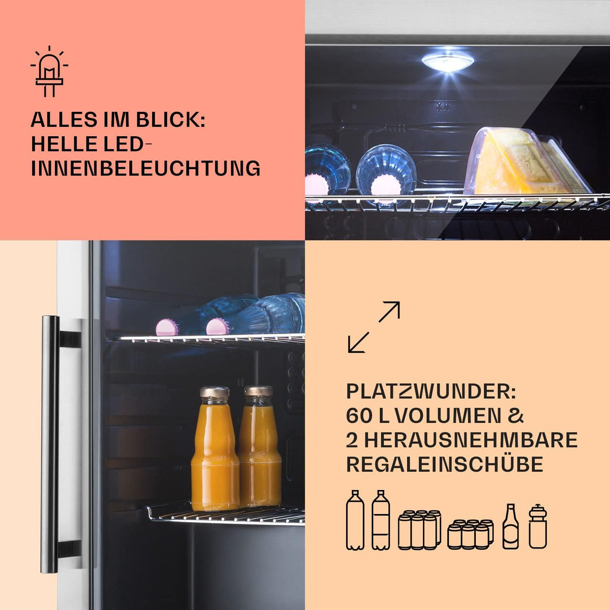 2026 Klarstein Mini Kühlschrank mit Glastür für Zimmer, Getrnkekühlschrank mit Verstellbaren Ablagen, Kleiner 80 Liter, Indoor/Outdoor Kühlschrank Leise