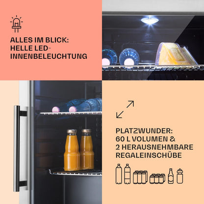 2026 Klarstein Mini Kühlschrank mit Glastür für Zimmer, Getrnkekühlschrank mit Verstellbaren Ablagen, Kleiner 80 Liter, Indoor/Outdoor Kühlschrank Leise