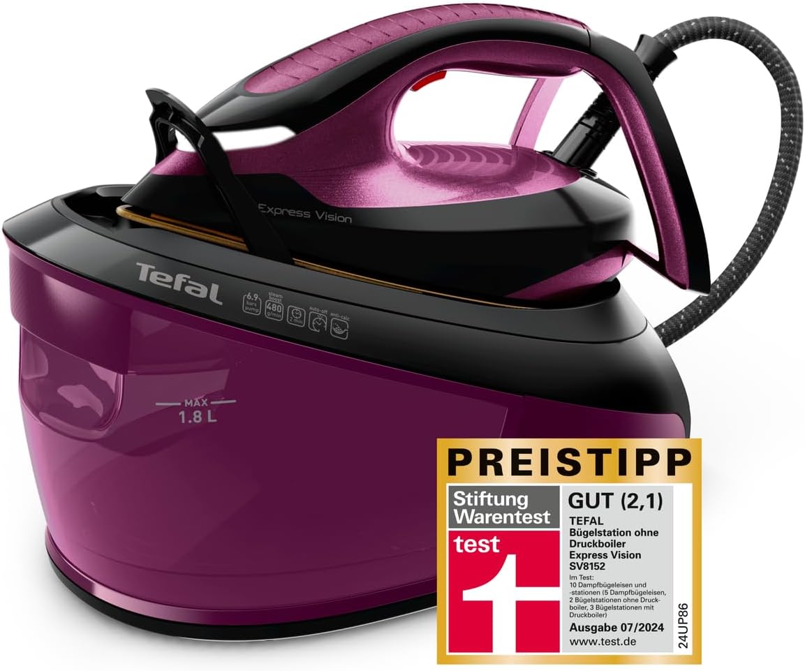 2026 Tefal Express Vision, leistungsstarker 6,9-Bar-Druck, Dampfstoß: 480g/Min., Smart Temp-Technologie, LED Beleuchtung, abnehmbarer Kalk-Kollektor, Eco-Modus, 1,8 L Wassertank, lila/schwarz, SV8152