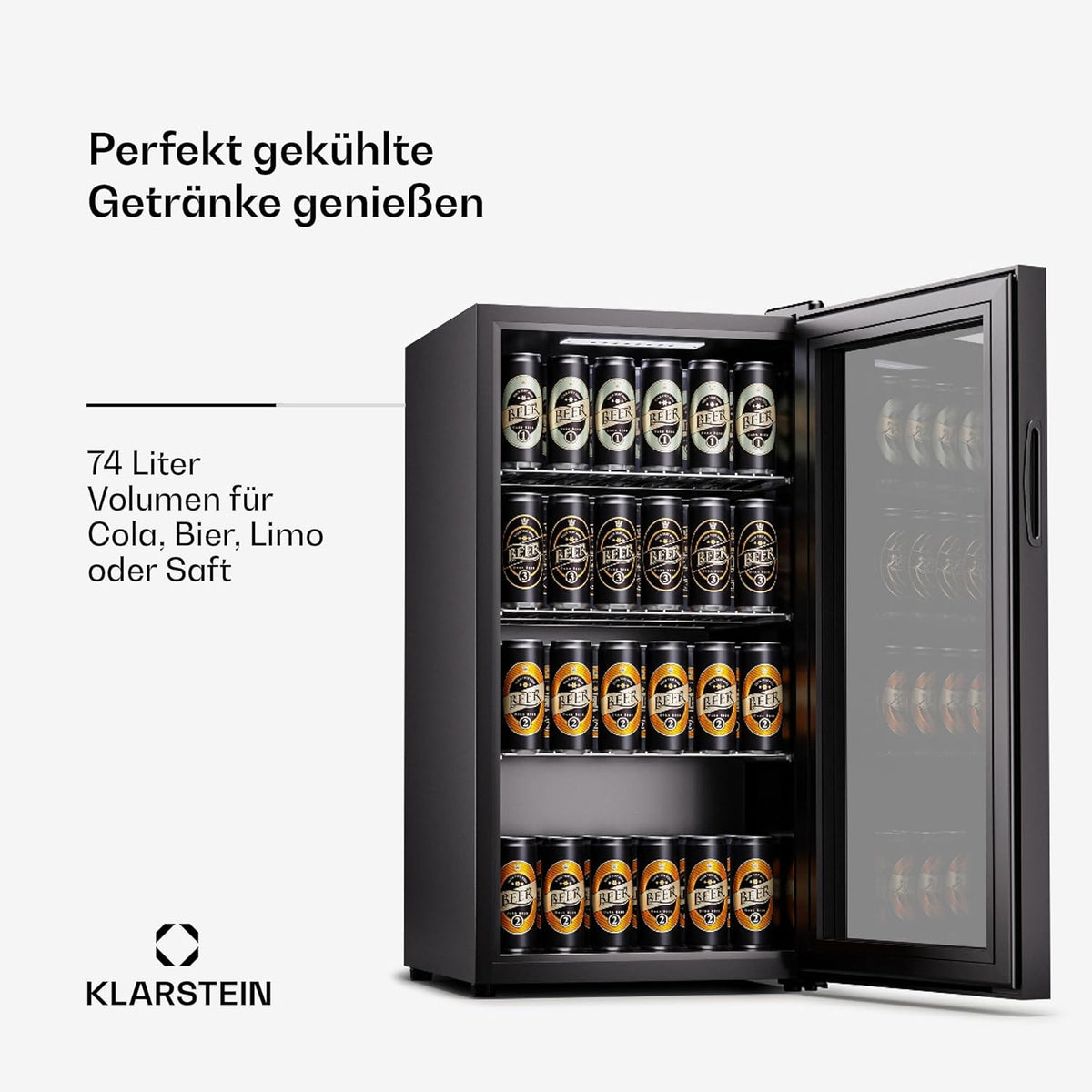 2026 Klarstein Mini Kühlschrank mit Glastür für Zimmer, Getrnkekühlschrank mit Verstellbaren Ablagen, Kleiner 80 Liter, Indoor/Outdoor Kühlschrank Leise